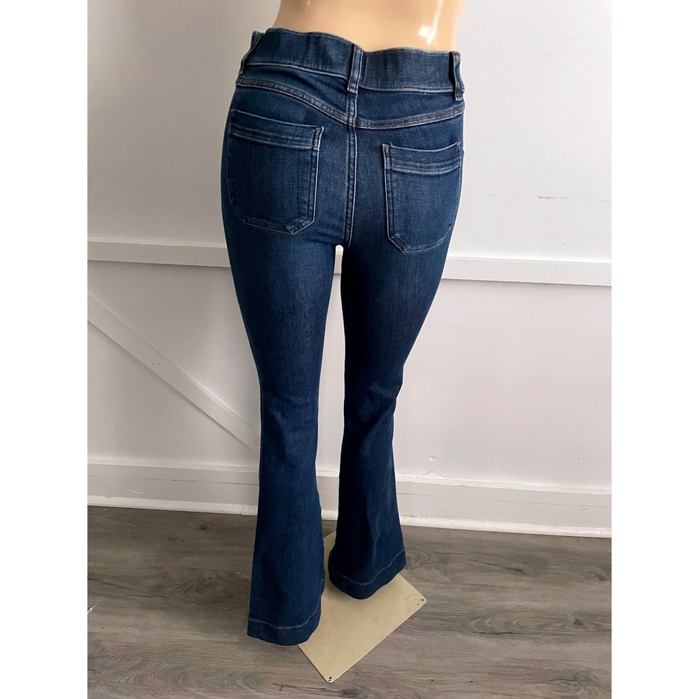Spanx Flare Jeans Dark Wash High Rise Pull On Shaping Denim Blue Pockets Small - Picture 2 of 7